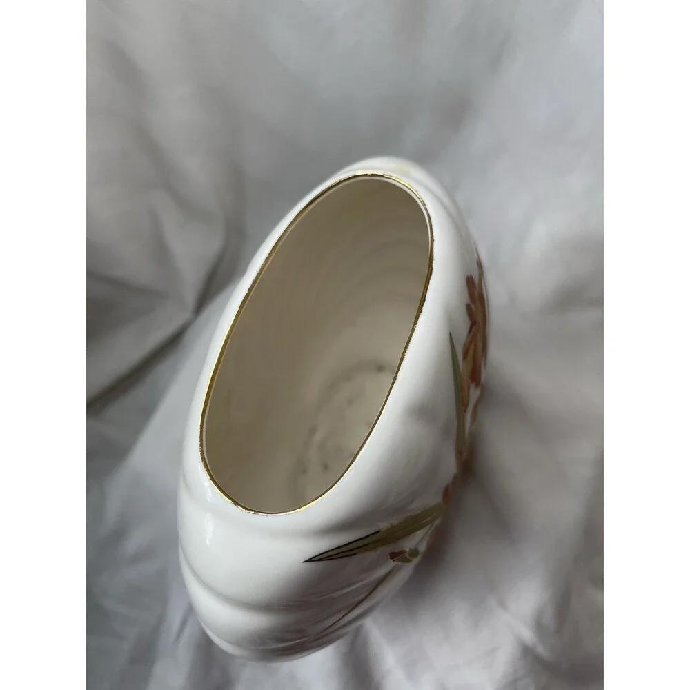 Fine China Ceramic Iris Floral Vase, White, Gold Trim, Japan, 5 in